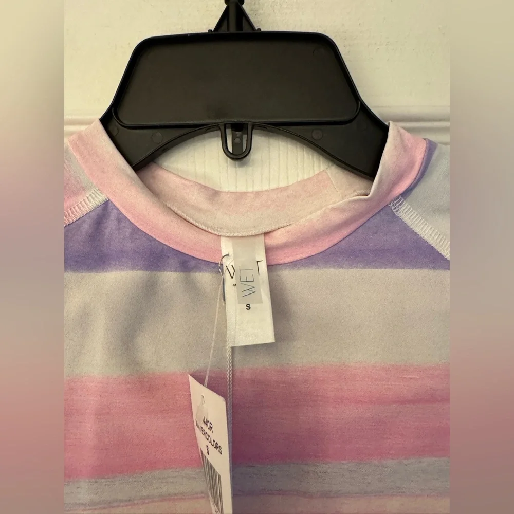 WET Swimwear Aruba Sia Striped Long Sleeve Women’s White & Pink Crop Top Size XS
